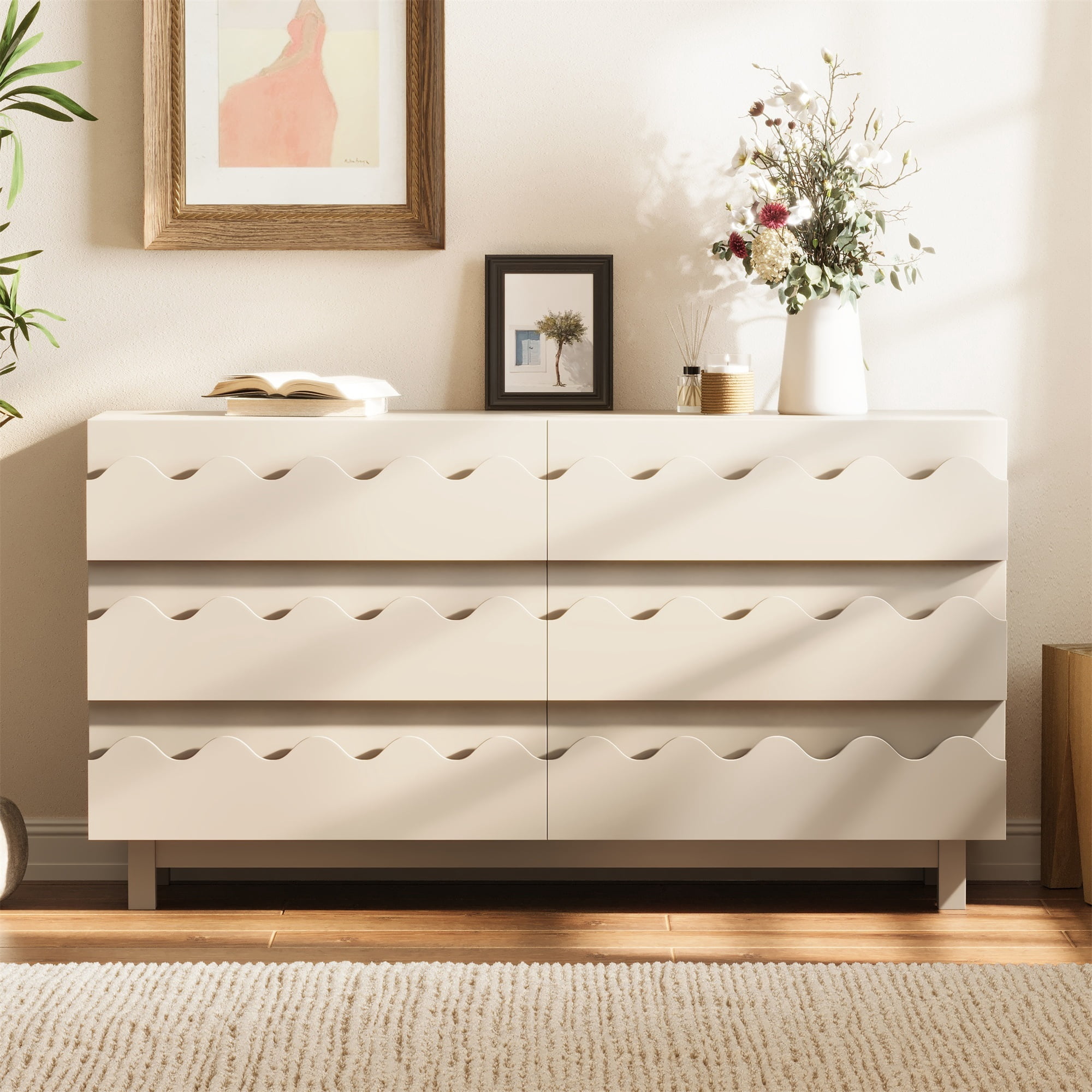 Alvantor 6 Drawer Dresser, 60" Wide Wooden Chest of Drawers, Fluted Dresser for Bedroom Ivory