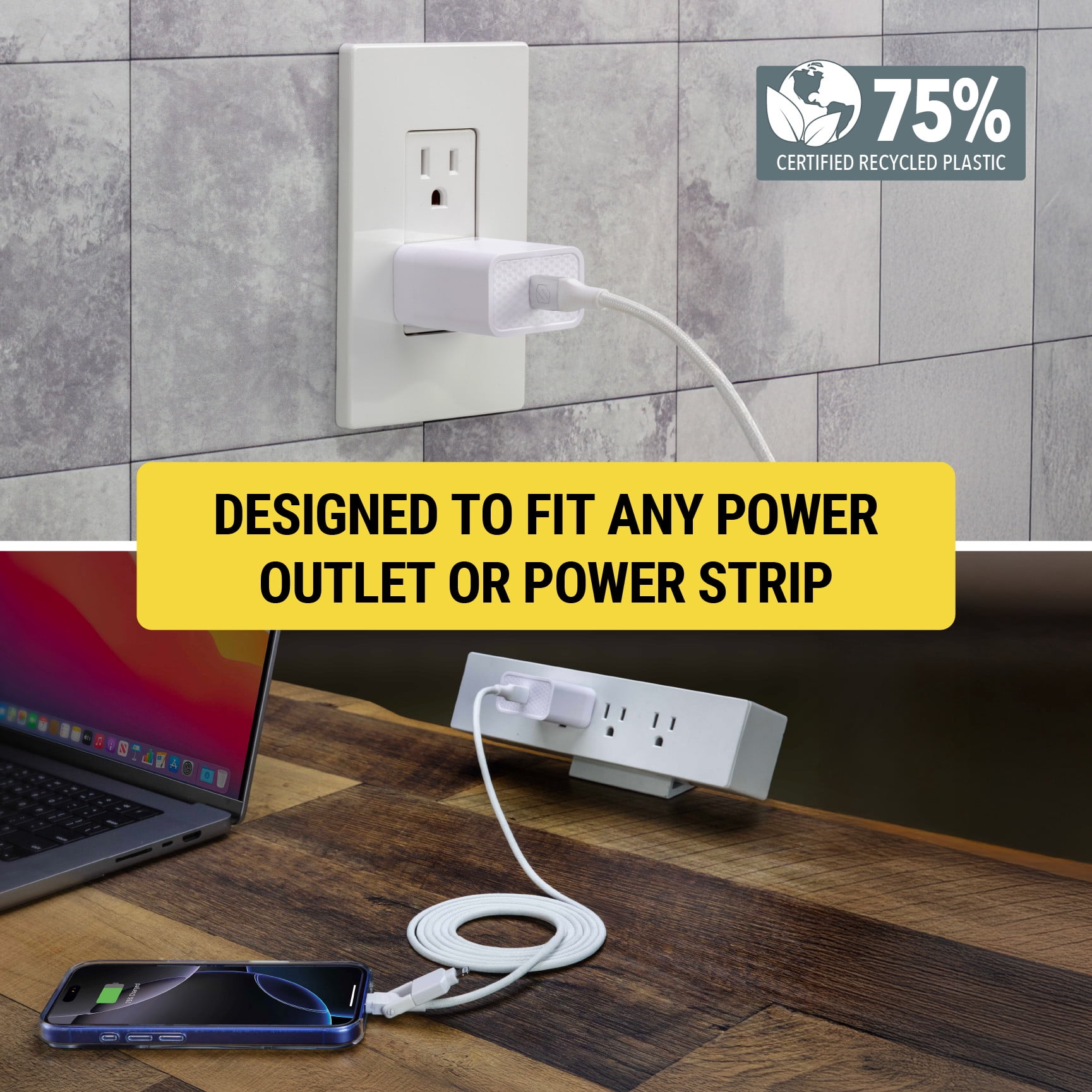 Scosche SH20CCi4WT-SP 20W PD USB-C Fast Wall Charger & 4 ft 2-in-1 USB-C to USB-C / Lightning Cable
