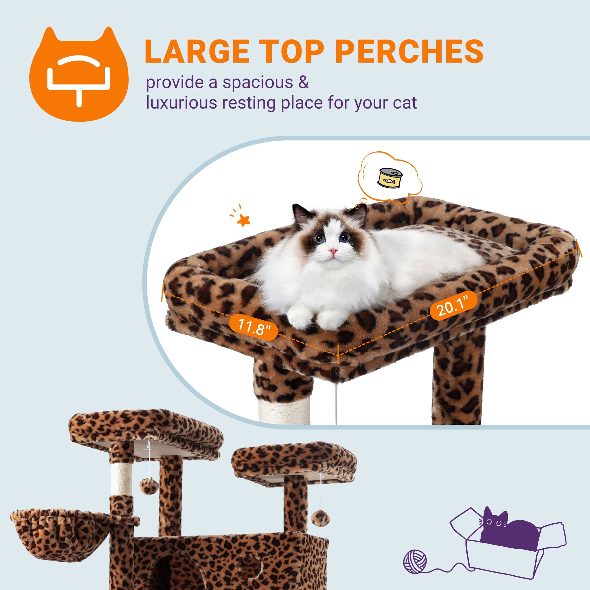 Allewie 81 Inches Multi-Level Tall Cat Tree for Large Cat, Cat Climbing Tree with Cat Condo and Hammock, Scratching Post, Wide Base, Leopard Print