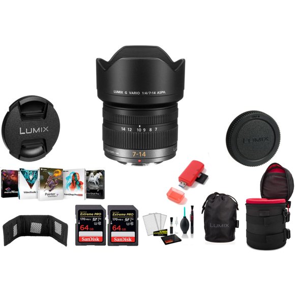 Panasonic Lumix G Vario 7-14mm f/4 ASPH. Lens with 2x 64 Memory Cards and More (International Model)