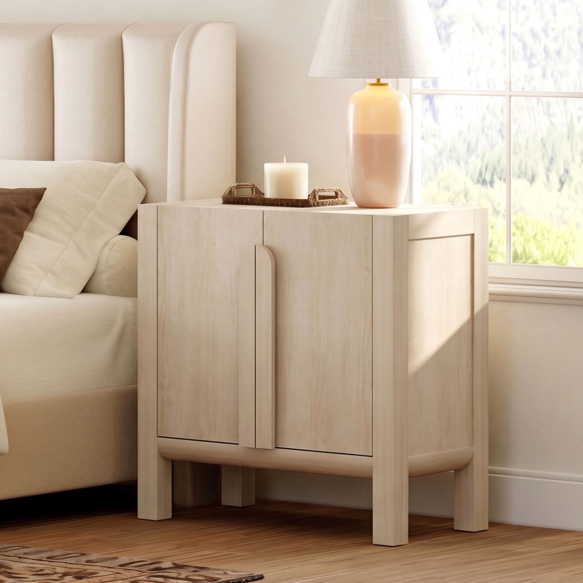 Mid-Century Modern Nightstand with Doors, 31.5" Large End Table, Wooden Bedside Table Storage Cabinet for Bedroom, Living Room,Entryway