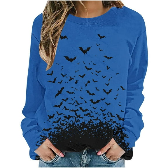 Lcziwo Halloween Pullover for Women Casual Fall Fashion 2025 Outfits Bat Graphic Hocus Pocus Loose Sweatshirt Long Sleeve Crew Neck Oversized Tops Blue,XXL