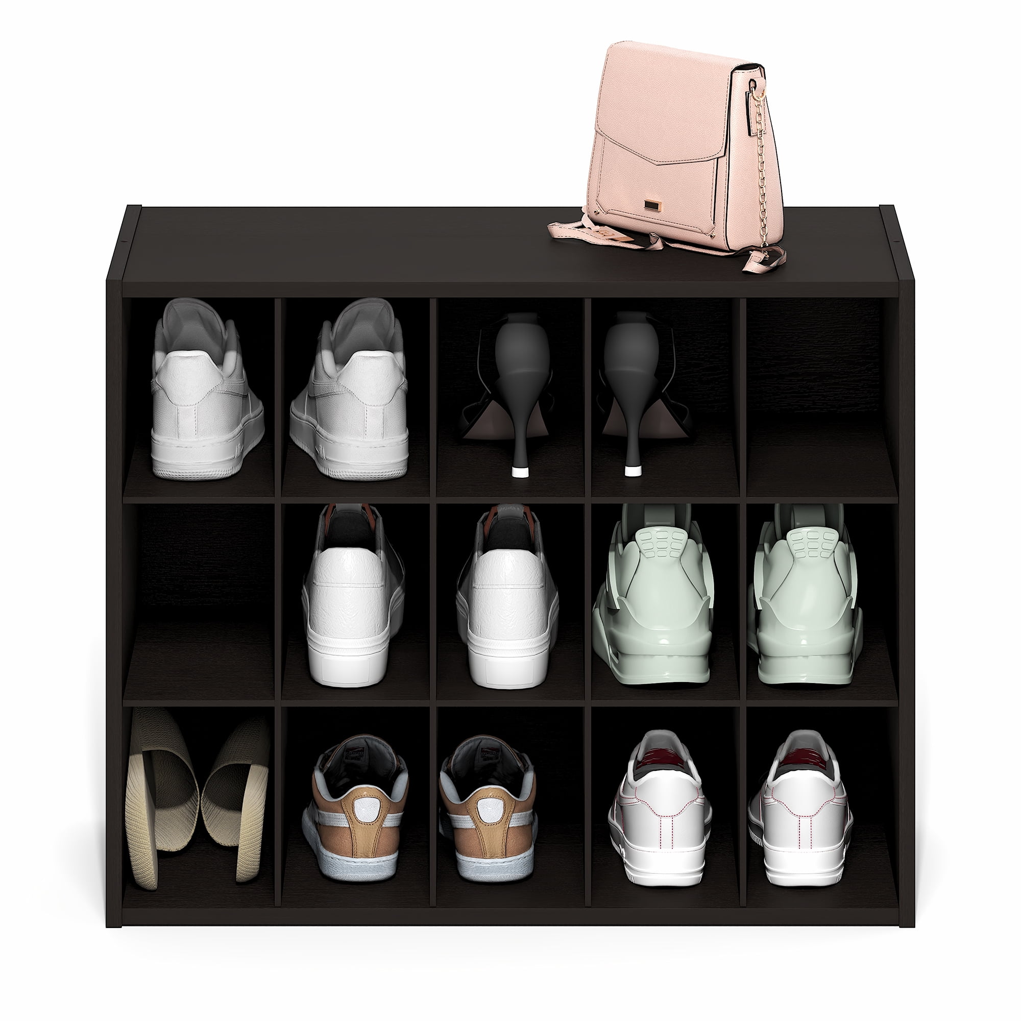 Furinno FANO Shoe Rack, 15-Cube Shoe Organizer, Stackable Shoe Storage, 11.4 x 24.2 x 19.3, for Closet Entryway, Office, Garage, Dark Oak