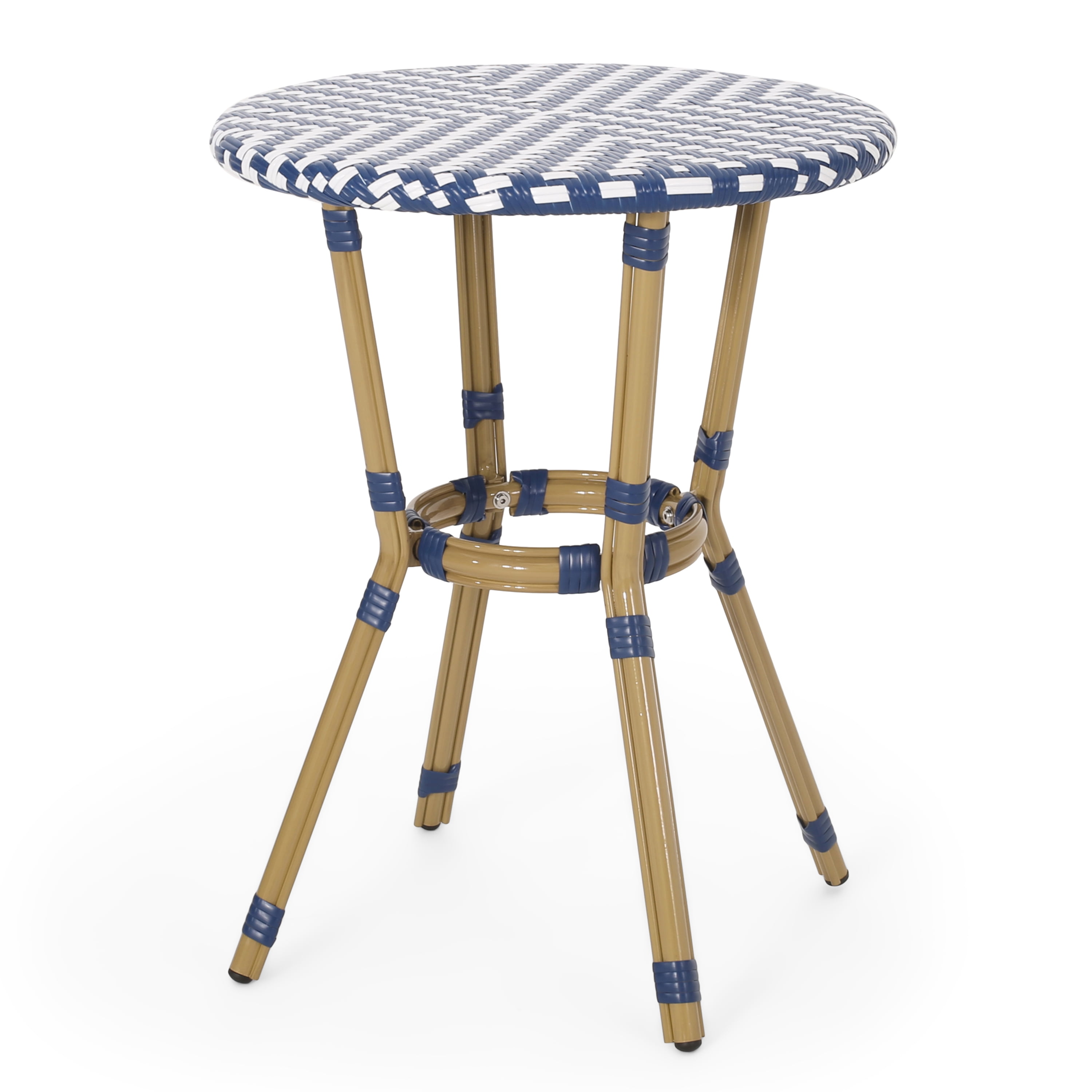 Outdoor Aluminum 3 Piece French Bistro Set, Navy Blue, White, with Bamboo Finish