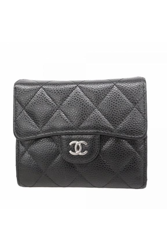 Pre-Owned Chanel Matelasse Tri-fold Wallet in Caviar Leather, Black, Women's