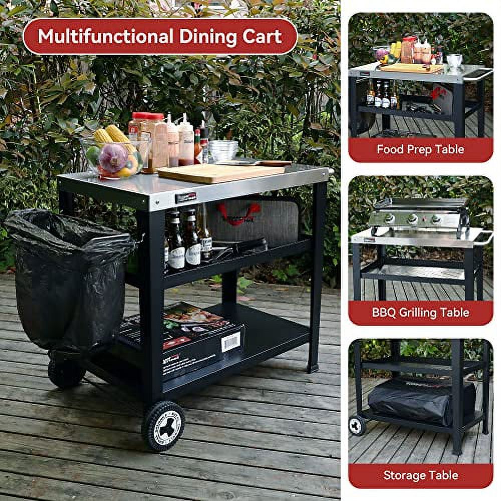 Movable 3-Shelf Grill Cart with Wheels, 33.5" L x 20" W Stainless Steel Tabletop, Multifunctional Dining Table for Pizza Oven, Food Prep, Outdoor Garden BBQ Trolley, PC-AMZ-3404S,