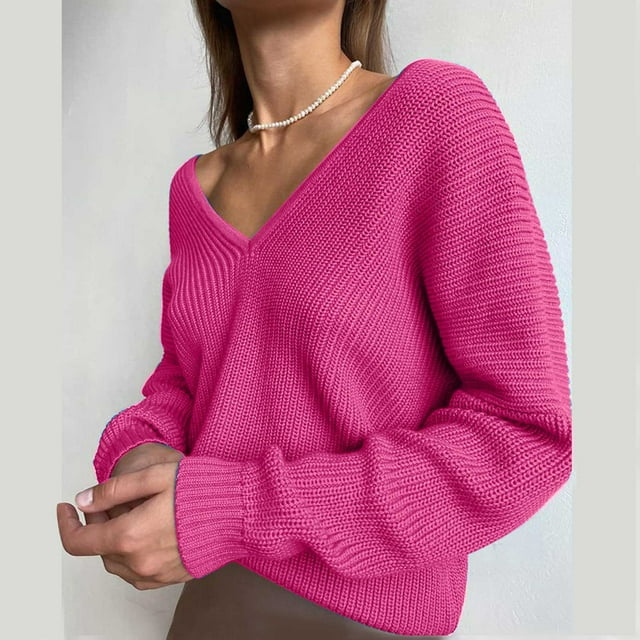 Qertyioot Chandails à Col en V pour Femmes, Mode d'Automne, Chandail Tricoté Uni à Manches Longues Décontracté