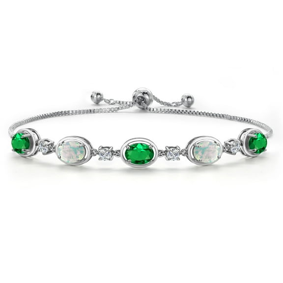 Gem Stone King 925 Sterling Silver Green Nano Emerald and Simulated White Opal Bracelet for Women | 3.80 Cttw | Gemstone May Birthstone | Oval 7X5MM | Fully Adjustable 9 inch