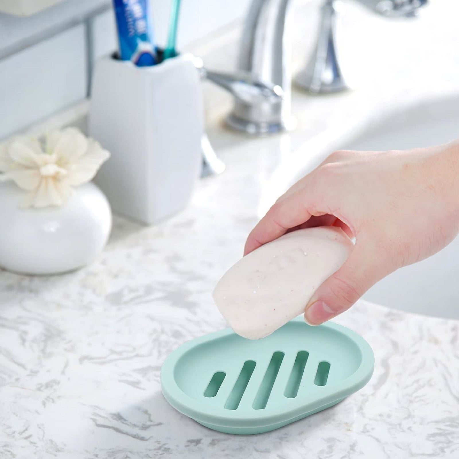 2pcs Soap Dish with Drain, EEEkit Soap Holder, Soap Saver, Soap Case Box for Shower, Soap Sponge Storage Plate Tray Container for Bathroom, Kitchen Counter, Sink(Grey/ Green/ Blue)