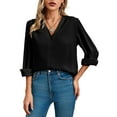 thumbnail image 3 of Women'S Business Casual Tops Summer Long Sleeve Button Down Shirts V Neck Chiffon Blouses Black M, 3 of 8