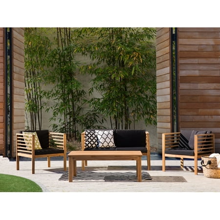 Modern Outdoor Conversation Set Acacia Wood Black Cushions 4 Piece Patio Furniture Pacific Modern Outdoor Conversation Set Acacia Wood Black Cushions 4 Piece Patio Furniture Pacific