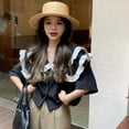 thumbnail image 2 of Women's Shirts Casual T Shirts Loose Fit Short Sleeve Button down Doll Collar Chiffon Blouse, 2 of 7
