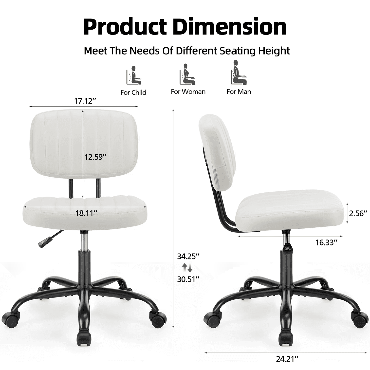LIFERECORD PU Leather Armless Home Office Desk Chair, Small Ergonomic Task Chair for Adults and Students, Low Back Seating with Swivel, Adjustable Height, Rolling Wheels, White