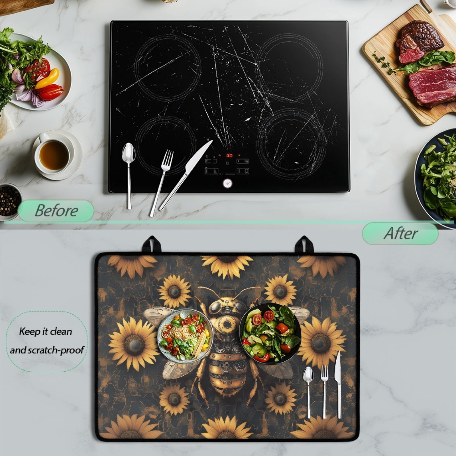Xoenoiee Bee Sunflower Print Stove Top Covers, 29.18 x 20.96 inch Electric Stove Cover Mat, Waterproof Glass Top Stove Cover, Ceramic Glass Cooktop Protector, Flat Top Oven Cover