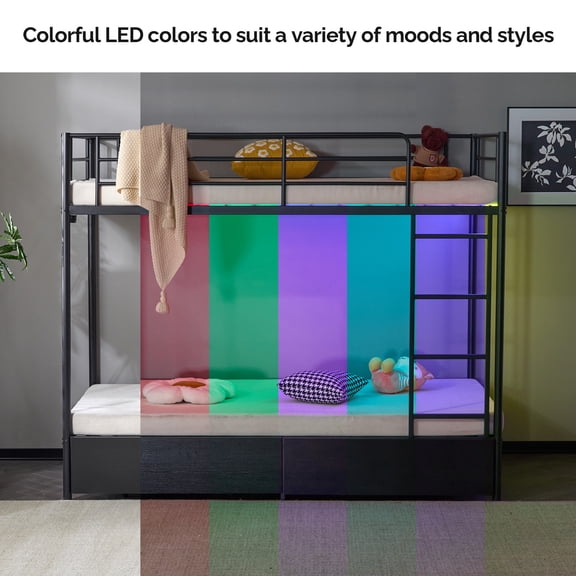 UBesGoo Twin Over Twin Metal Bunk Bed, Black Frame with Storage Drawers, Power Outlet and LED Light Strip, Space Saving Bedroom Furniture
