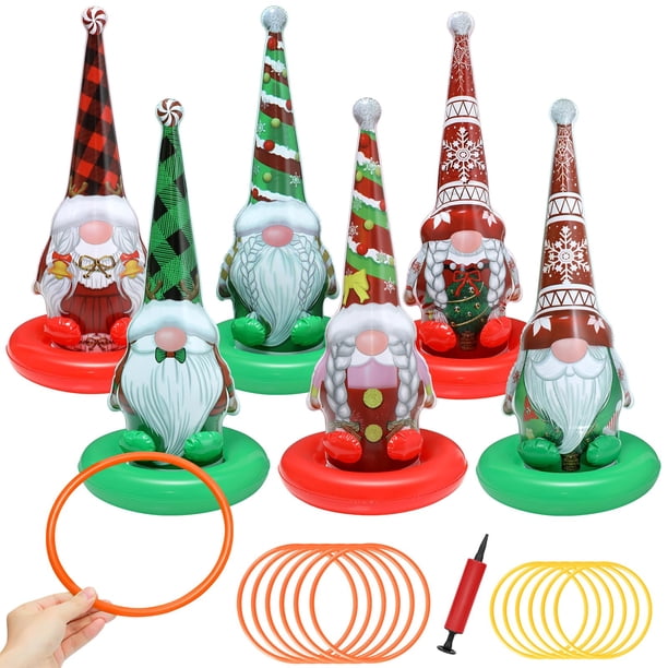 Juego inflable para lanzar anillos de gnomos navideños, paquete de 6 unidades con bomba