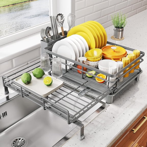 Dish Drying Rack - Extendable Dish Rack, Large Sink Drying Dish Drainer for Kitchen Counter, Stainless Steel Dish Strainer with Utensil Holder (Grey)