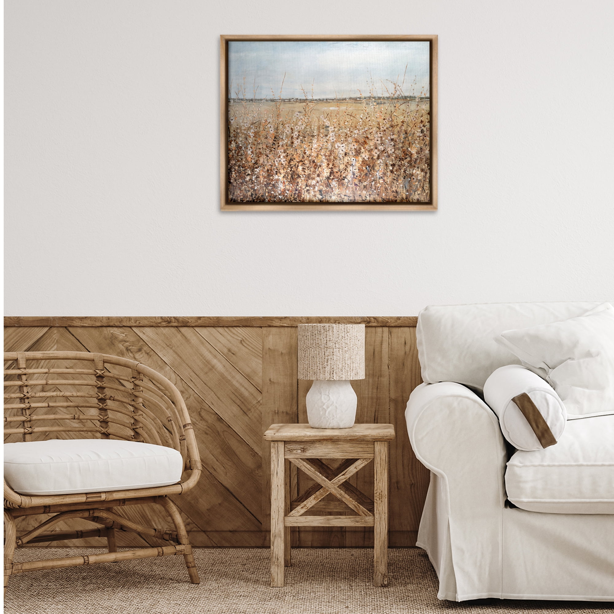 Stupell Industries Solemn Neutral Meadow Landscape & Nature Painting Brown Floater Framed Canvas Art Print Wall Art, 31 x 25