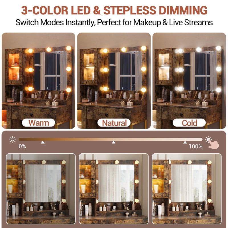 TROPOW Vanity Desk with Mirror and Lights Elegant Makeup Vanity Table with Drawers & Cabinets, Storage, Sturdy MDF Top, Adjustable Brightness Bulbs, Built-in Power Outlet & USB Ports,Brown