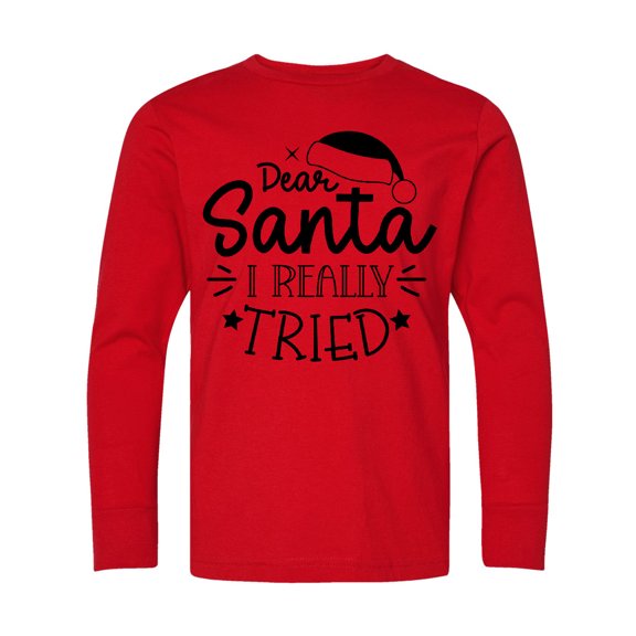 Inktastic Christmas, Dear Santa I Really Tried, Santa Hat, Typography Long Sleeve Youth T-Shirt
