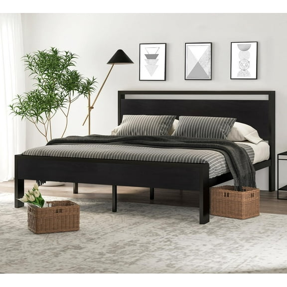 14 Inch King Size Metal Platform Bed Frame with Wooden Headboard and Footboard, Mattress Foundation, No Box Spring Needed, Large Under Bed Storage, Black Oak