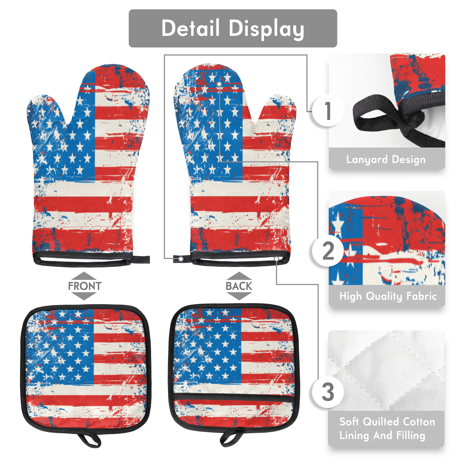 CURLYOOT American Flag Oven Mitts and Pot Holders Sets of 2, Non-Slip Washable 4 of July Independence Day Hot Pads and Oven Gloves for Kitchen Cooking Baking
