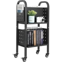 Rolling Library Book Cart, 150 lbs Capacity, 17.7 x 13.0 x 34.6-Inch Library Cart, Double Sided L-Shaped Shelves with 2-Inch Lockable Wheels, Book Truck for Home Shelves Office and School, Black