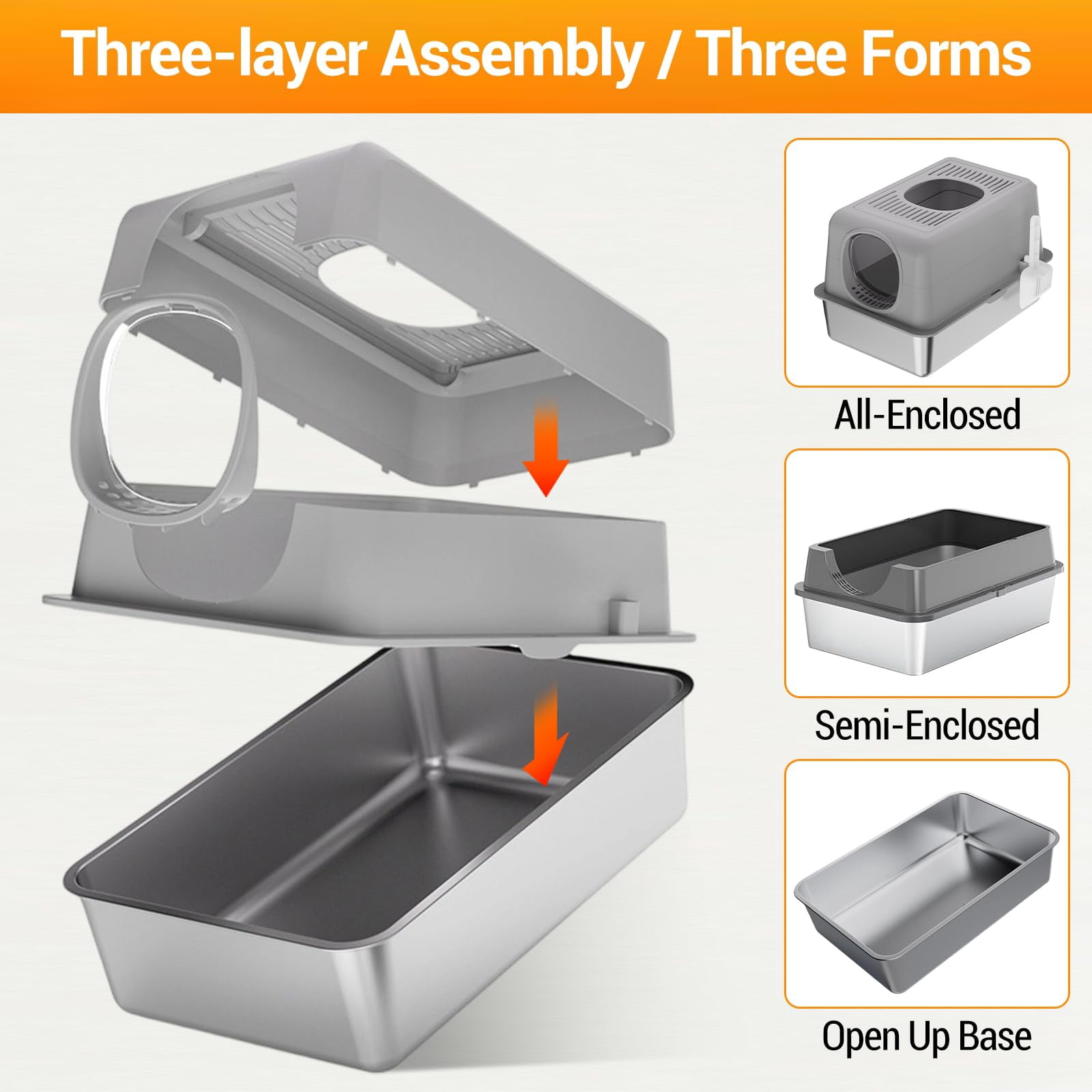 XL Enclosed Stainless Steel Cat Litter Box - Large 60x40x38cm Litter Box, 20L Capacity with Lid and Scoop, Double Entry Design, Hygienic and Odor-Free for Large Cats, Grey,3PCS