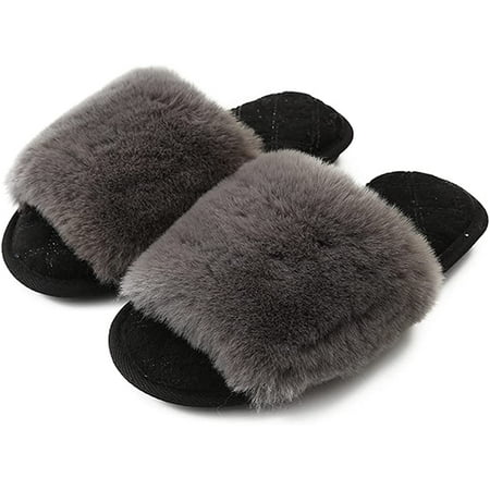 

PIKADINGNIS Women s Cross Band Slippers Soft Plush Furry Cozy Slip On Open Toe House Shoes Indoor Outdoor Warm Comfy
