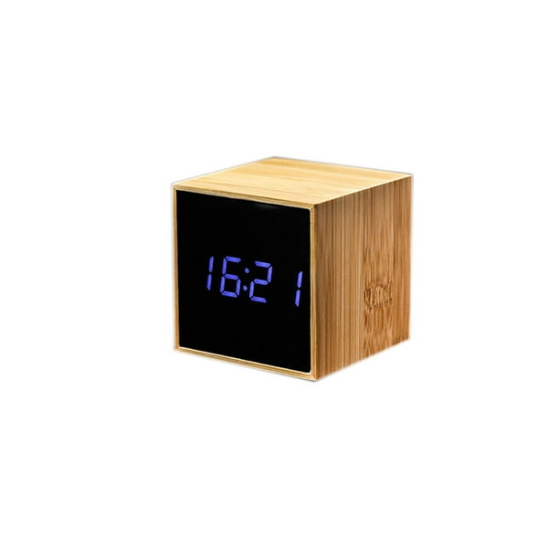 Cubo cuadrado Reloj de madera de bambú Mesita de noche para estudiantes Reloj electrónico digital simple Pantalla LED con espejo Inevent DZ4617-01