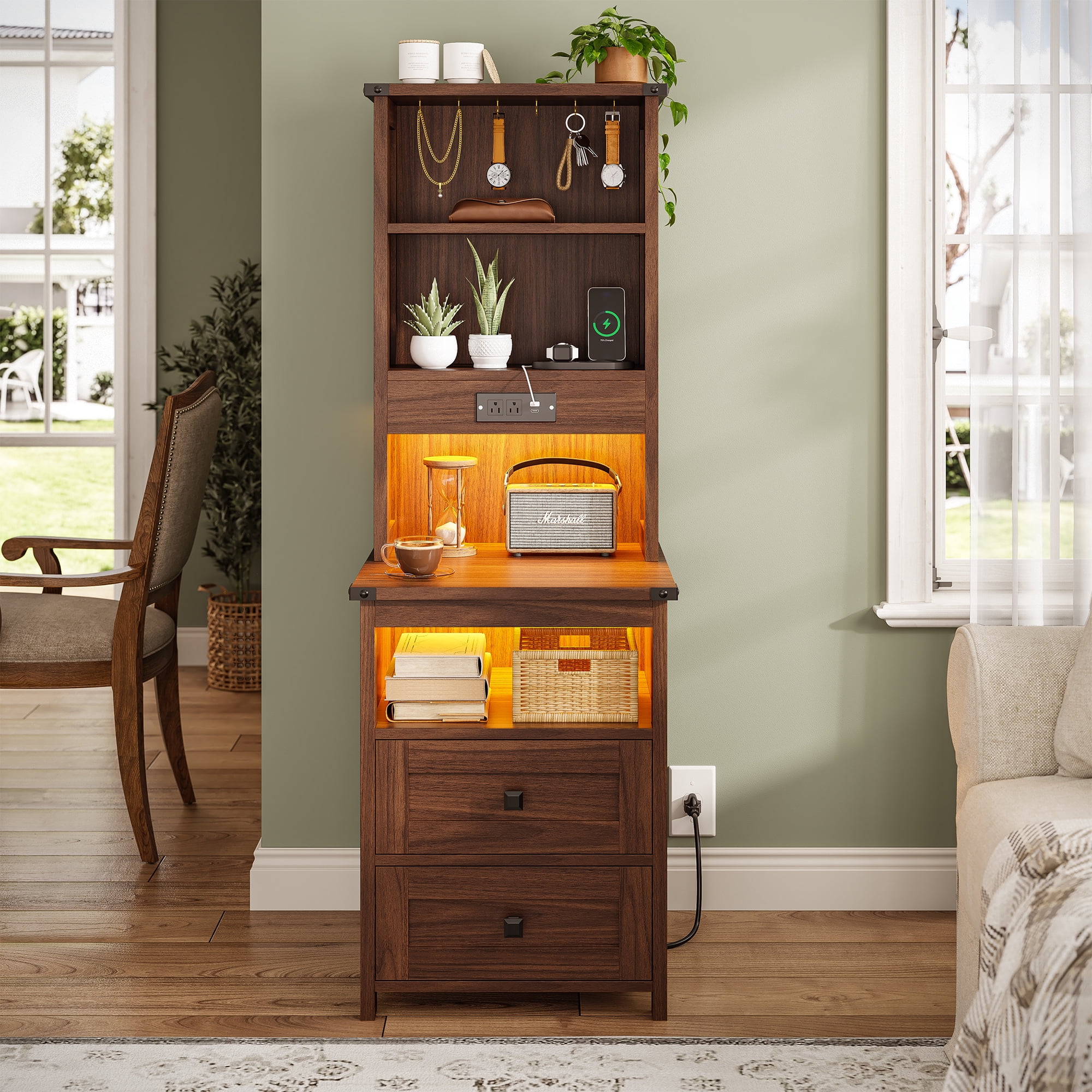 Farmhouse 51.6'' Tall Nightstand with Charging Station and LED Lights, Bed Side Table with 2 Drawers and Bookshelf & 6 Hooks, Easy to Assembly, Oak Brown