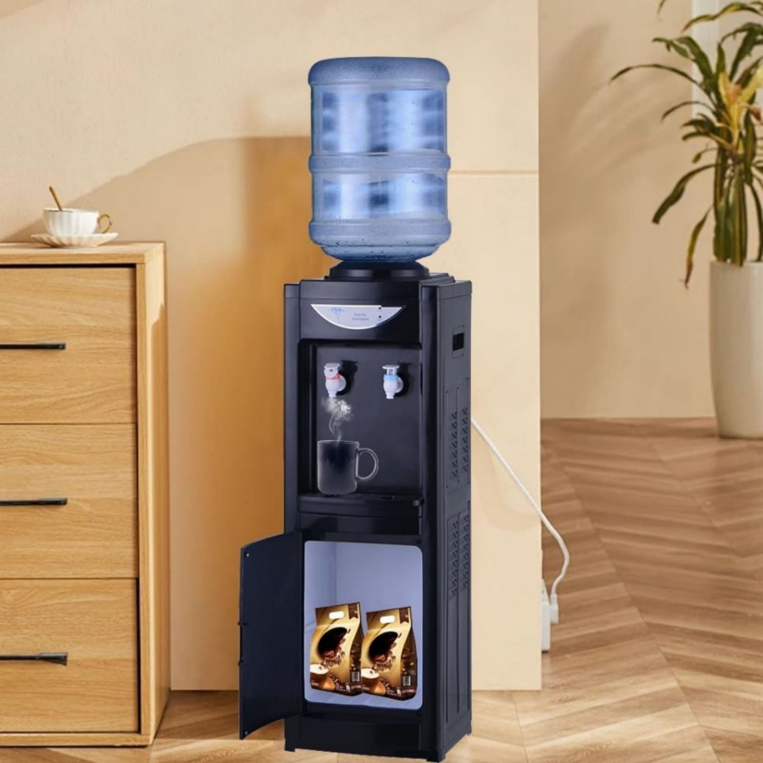 Water Cooler Dispenser, Hot&Cool Top Loading Water Dispenser 5 Gallons Water Coolers with Child Safety Lock Removable Drip Tray & Storage Cabinet(Black)