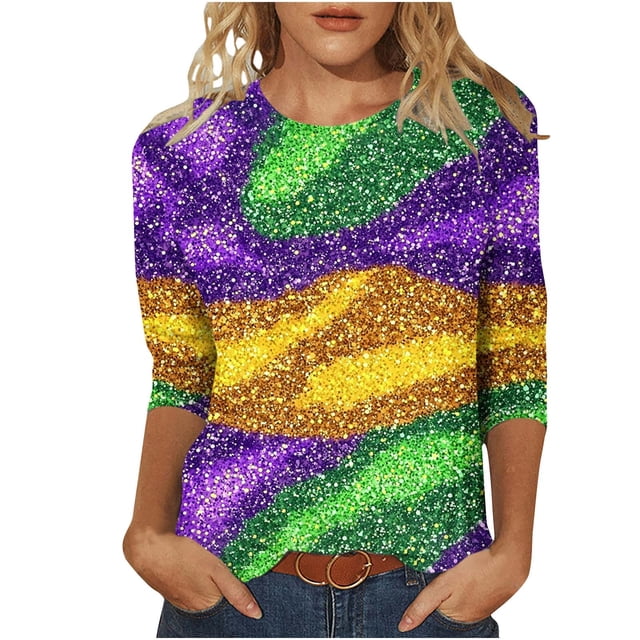 Penkiiy T-shirt Blouse à Manches 3/4 Col Rond Imprimé Mode Mardi Gras pour Femmes G Multicolore
