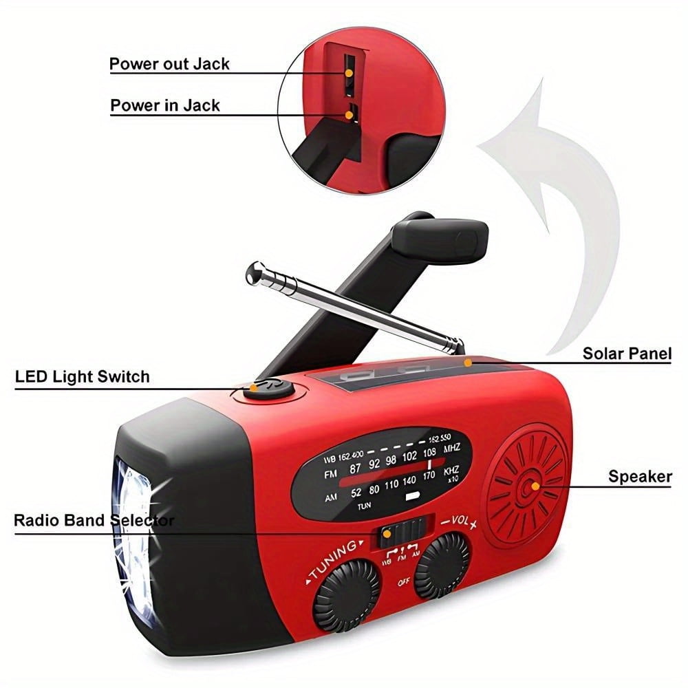 This versatile portable radio features a 2000mAh battery, is powered by a hand crank and solar power, supports USB charging, features FM, AM, WB, NOAA weather radio, and comes with an emergency LED fl