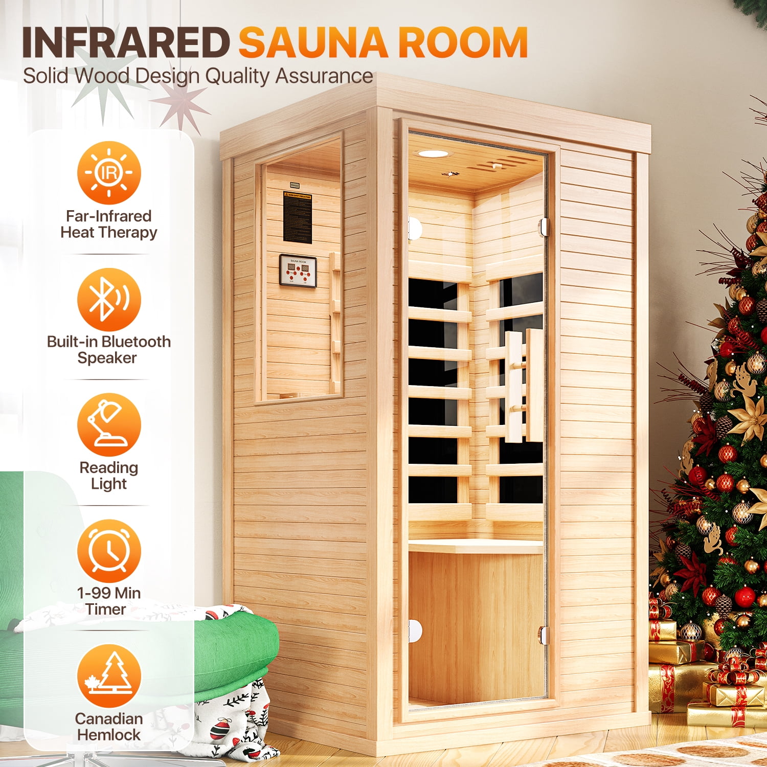 BaPiPro 3x5 FT Infrared Sauna for Home –1 to 2 Person Compact Indoor Spa Room with 4 Infrared Heaters, Canadian Hemlock Wood, Chromotherapy, Bluetooth Speaker