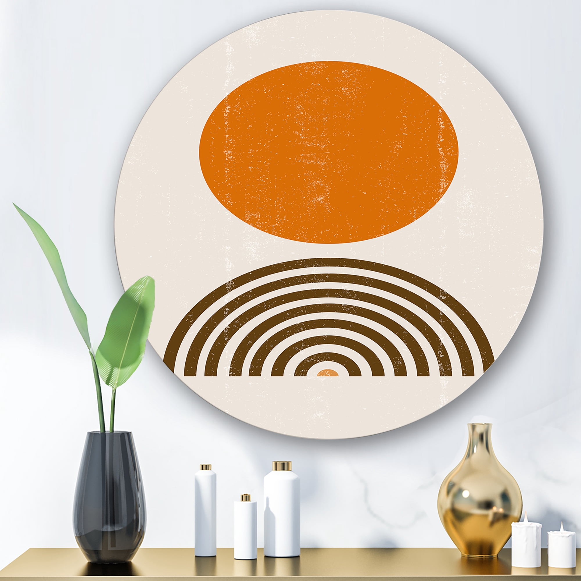 Designart 'Abstract Minimal Rainbow and Orange Sun I' Modern Circle Metal Wall Art 23x23 - Disc of 23