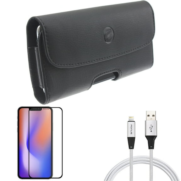 Case Belt Clip & Screen Protector & 10ft USB Cable for iPhone 13/Pro - Combo with Leather Holster Cover & Anti-Glare Tempered Glass Matte & Charger Cord Power Wire