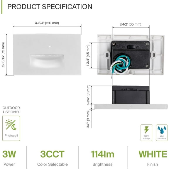UGUCYUI-LED Recessed Step Light Fixture, Dusk to Dawn Outdoor Stair Tread Lighting | 3CCT, Photocell, Waterproof, ETL Listed | 3W 120LM 3000K-5000K 120V | Staircase Hardwired Illumination | White