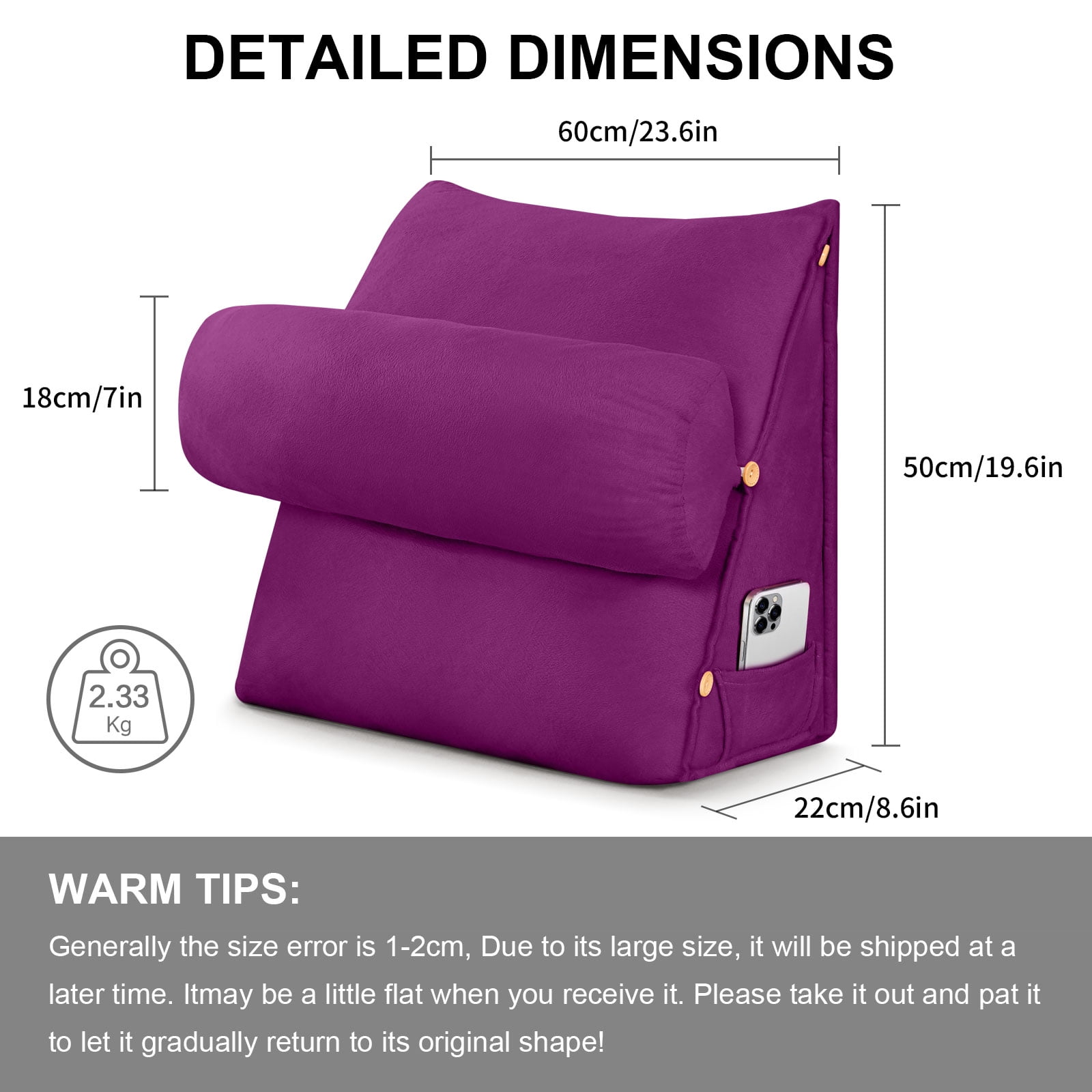 Eurhowing Adjustable Bed Wedge Pillow, Memory Foam Triangular Headboard Pillow with Neck Roll Pillow, Back Support Rest Pillow for Reading & Sleeping, Purple