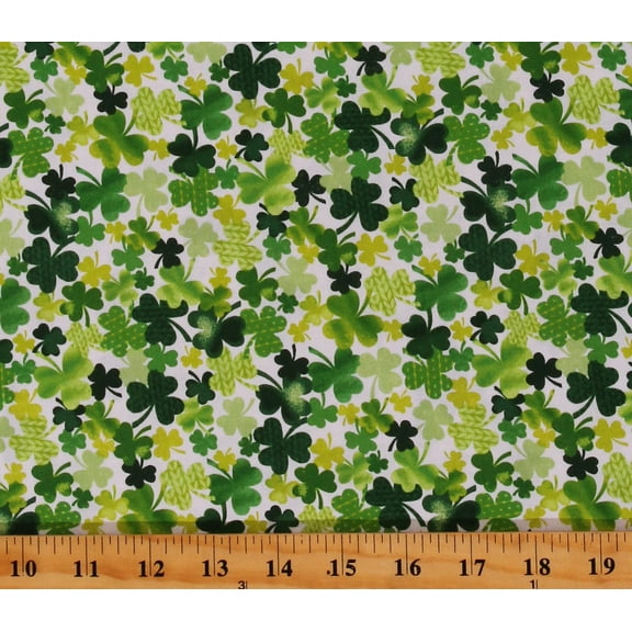 Cotton Shamrocks Saint Patricks Day Lucky Clovers Green Four-Leaf Clovers on White Cotton Fabric Print by the Yard (GAIL-C8333-WHITE)
