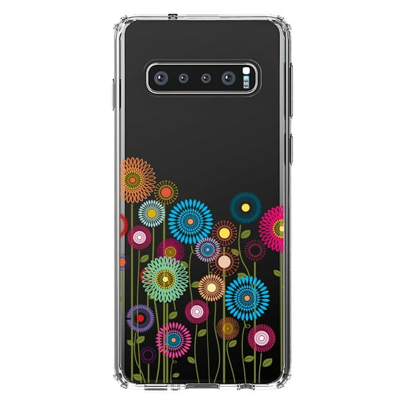 DistinctInk Clear Shockproof Hybrid Case for Samsung Galaxy S10 (6.1" Screen) - TPU Bumper Acrylic Back Tempered Glass Screen Protector - Cartoon Wildflowers Stems Leaves