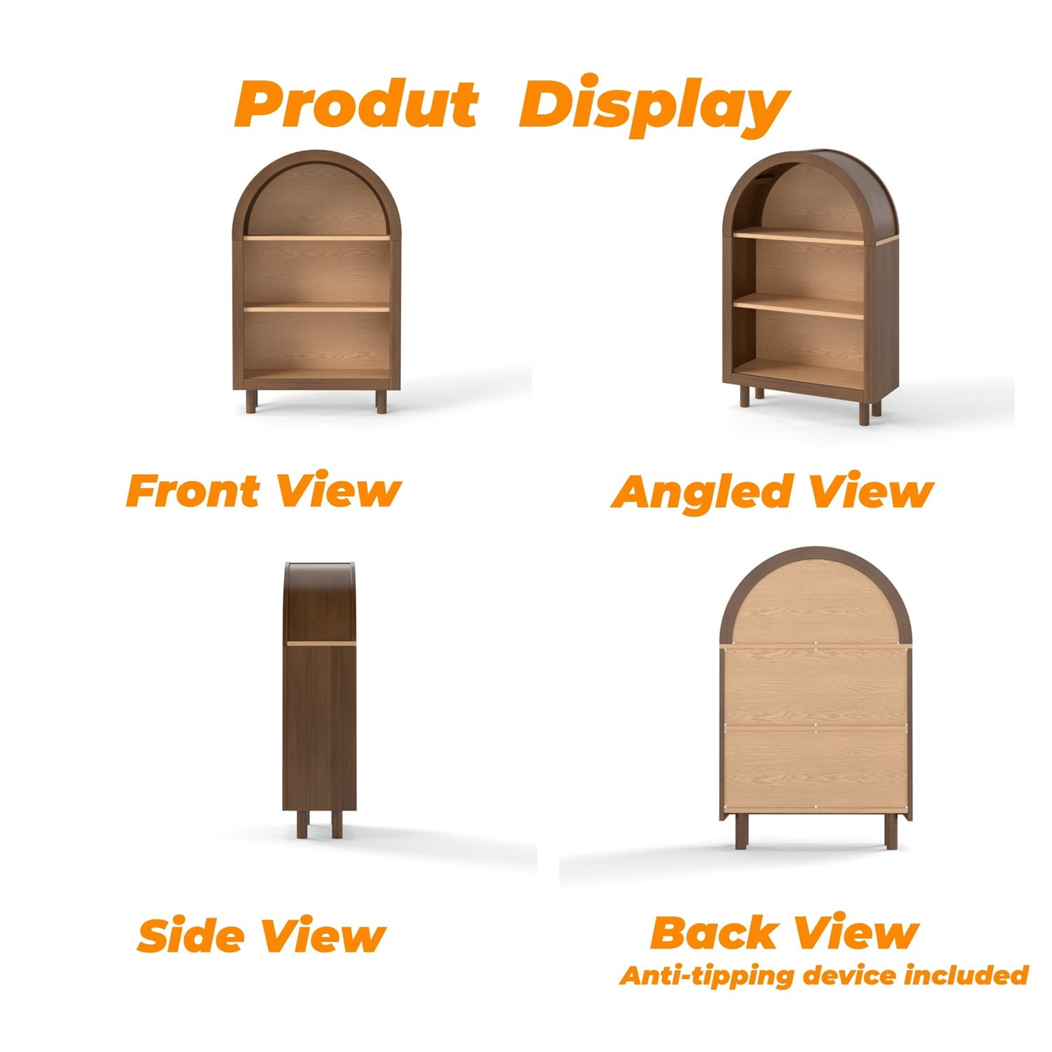 Hommoo 3-Tier Shelves Arched Bookcase Storage Cabinet,Wooden Modern 37.4"H Arched Top Bookshelf for Living Room, Bedroom, Entryway, Walnut