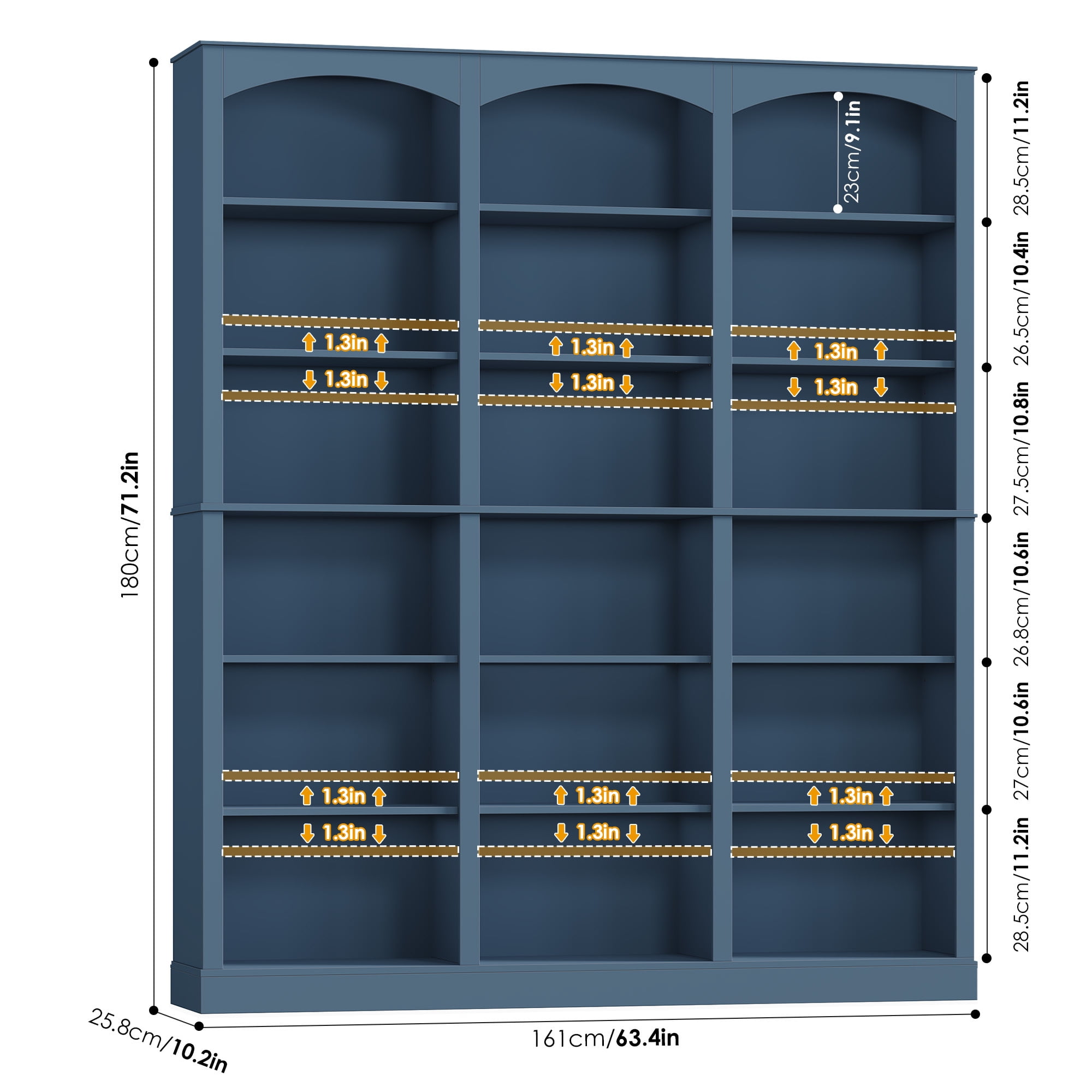 Homfa 18-Cube Bookcase and Bookshelves, 71.2" Triple Width 6-Tier Freestanding Arch Library Cabinet for Home Office Living Room, Blue