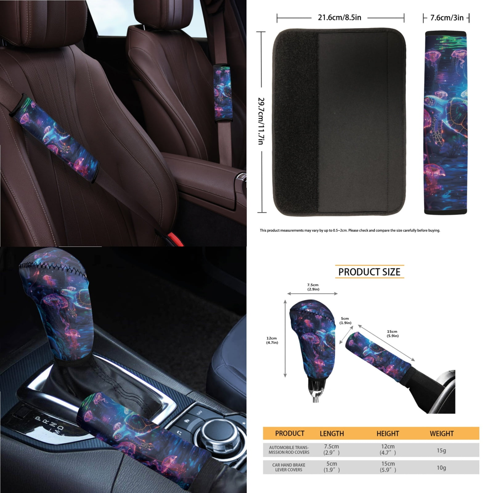 Jeiento Sea Turtle Car Seat Covers Set 14 Pcs Auto Seat Protector with Steering Wheel Cover Seat Belt Pads Garbage Bag Armrest Cover Handbrake Cover Set Rear View Mirror Protector Coasters