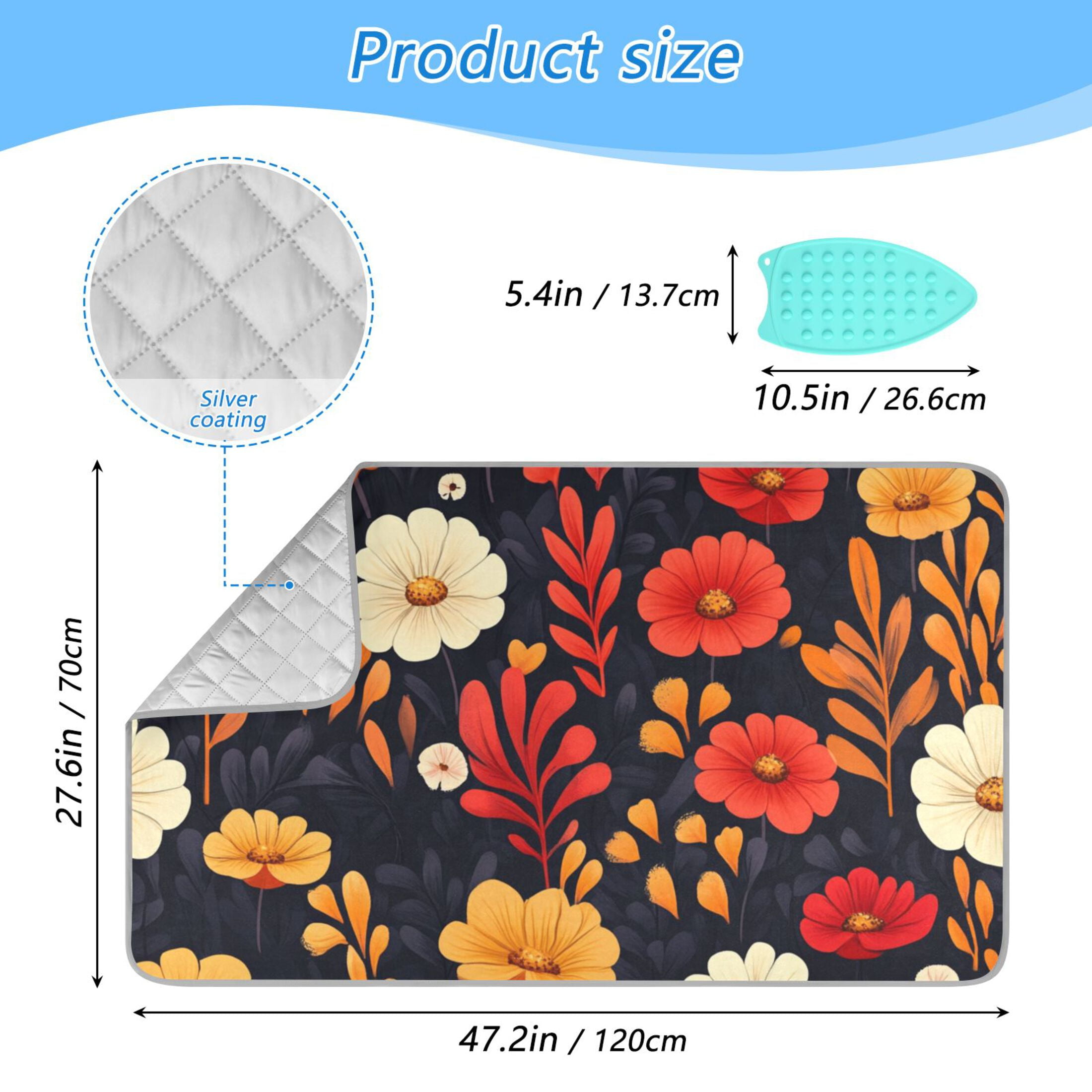 Orange and Red Flowers Ironing Mat Blanket for Table Top Travel Portable Ironing Board Pad 47.2x27.6 Inch