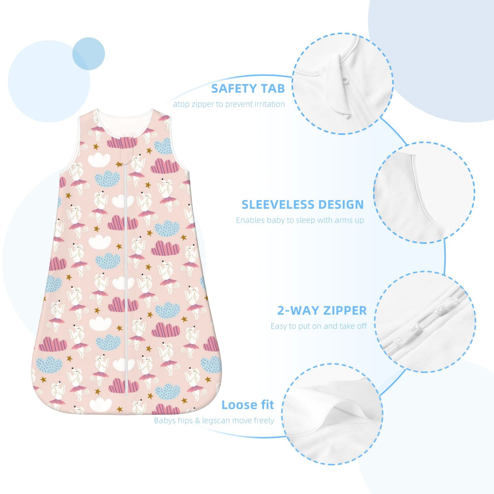 Rateoe Poodle In Ballet Skirts Dancing Print Cotton Baby Sleep Sack, Baby Sleeping Bag with Two-Way Zipper,Wearable Blanket for Newborn Baby Boys and Girls-X-Large