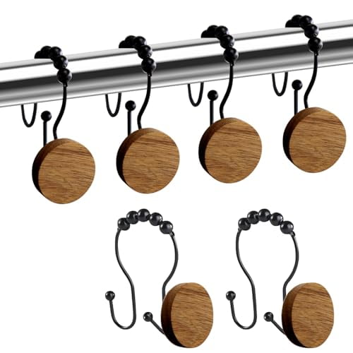 12 PCS Wood Decorative Shower Curtain Rings, Double Shower Curtain Hooks for Bathroom, Metal Black Log Curtain Hangers, Rust-Resistant & Water-Resistant, Fits Standard Shower Curtain Rod, Bedroom