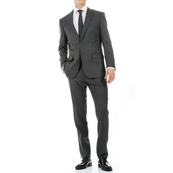 Ferrecci Men's Mason Heather Grey Wool Slim Fit Notch Lapel 2 Piece Suit with Matching Flat-Front Dress Pants (44 Regular)
