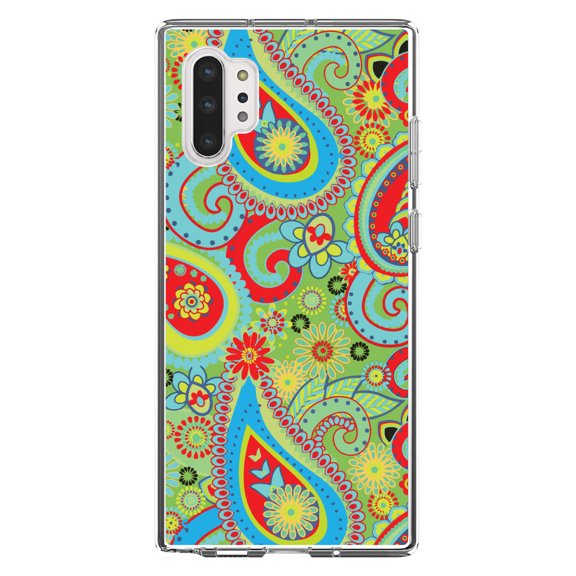DistinctInk Clear Shockproof Hybrid Case for Galaxy Note 10 PLUS (6.8" Screen) - TPU Bumper, Acrylic Back, Tempered Glass Screen Protector - Green Red Blue Paisley