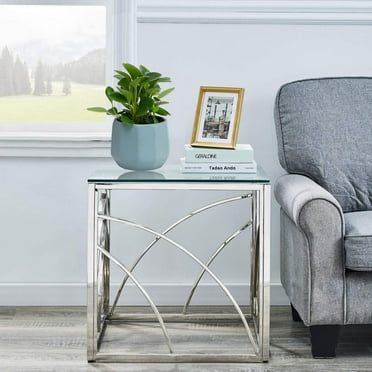 KEIVVAKN Glass End Table Silver Small Square Coffee Table for Bedroom Tempered Glass Stainless Steel Frame